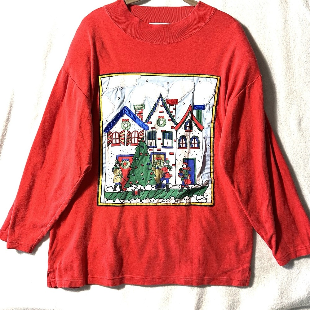 Vintage Christmas Shirt Sweater‎ L Large Winter Village Beaded Textured
